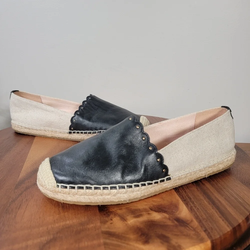 Kate Spade Gardenia Black Leather and Cream Espadrilles Size 8 Scalloped Summer